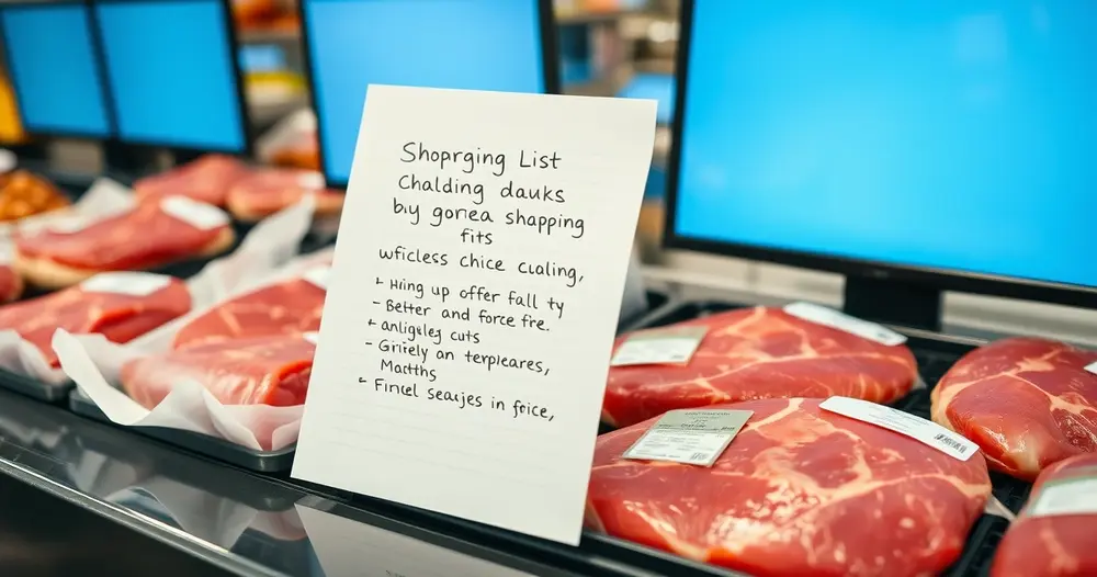 Lista de compras manuscrita ao lado de cortes de carne embalados