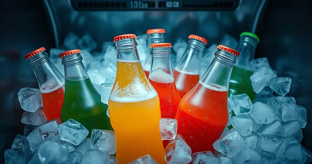 Garrafas de refrigerante geladas em caixa térmica com gelo