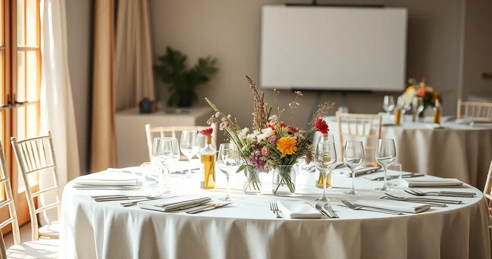 Mesa de recepção decorada de forma simples com flores do campo