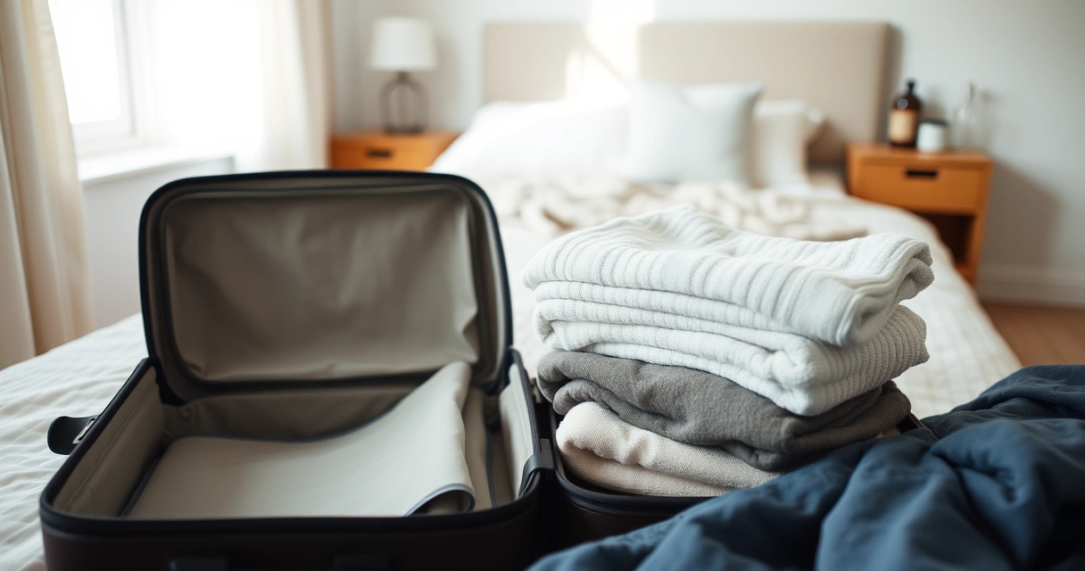 Mala aberta sobre a cama com roupas dobradas e itens de higiene