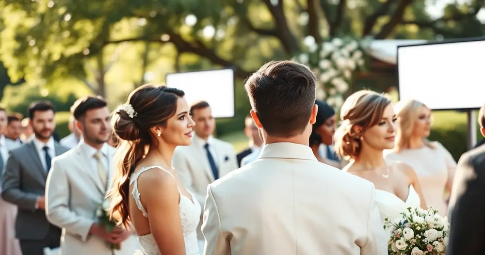 Convidados em trajes sociais claros durante cerimônia ao ar livre