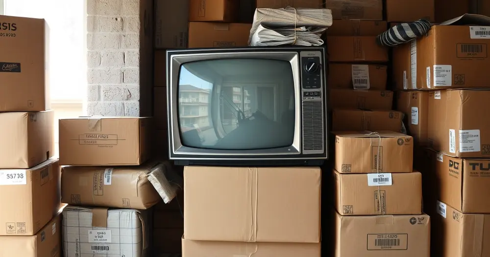 televisão antiga com defeito guardada em depósito