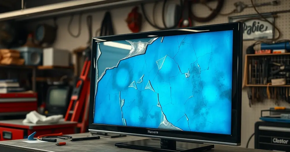televisão com tela danificada sobre bancada de assistência técnica