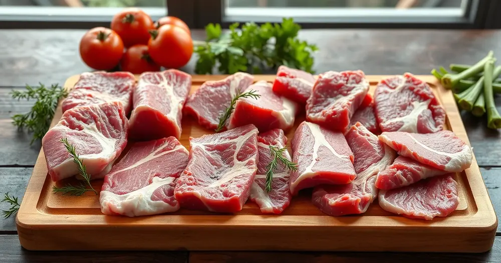 Cortes de carne crua dispostos sobre tábua de madeira