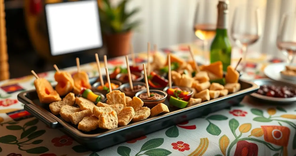 Bandeja com salgados variados sobre mesa de festa
